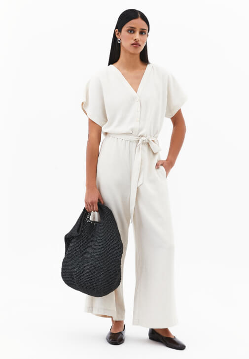 Bej Keten Karışımlı Kemerli Tulum