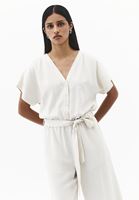 Bayan Bej Keten Karışımlı Kemerli Tulum