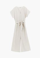 Bayan Bej Keten Karışımlı Kemerli Tulum