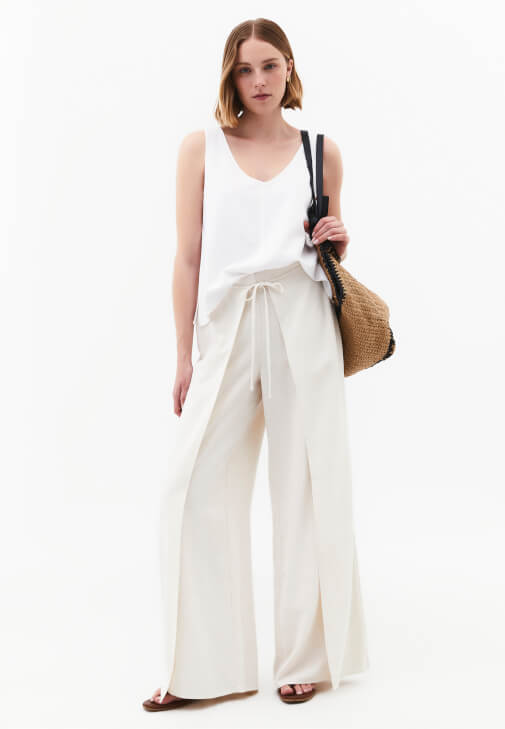 Bej Keten Karışımlı Wide-Leg Pantolon