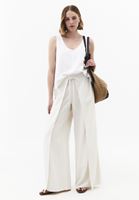 Bayan Bej Keten Karışımlı Wide-Leg Pantolon