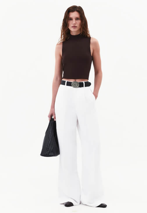 Beyaz Keten Karışımlı Wide-Leg Pantolon
