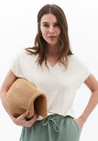 Bayan Krem Keten Karışımlı V Yaka Tişört