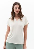 Bayan Krem Keten Karışımlı V Yaka Tişört