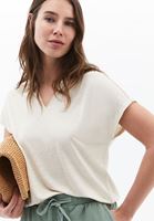 Bayan Krem Keten Karışımlı V Yaka Tişört