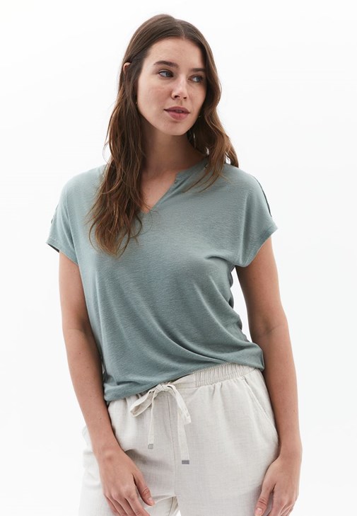 Yeşil Keten Karışımlı V Yaka Tişört