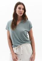 Bayan Yeşil Keten Karışımlı V Yaka Tişört