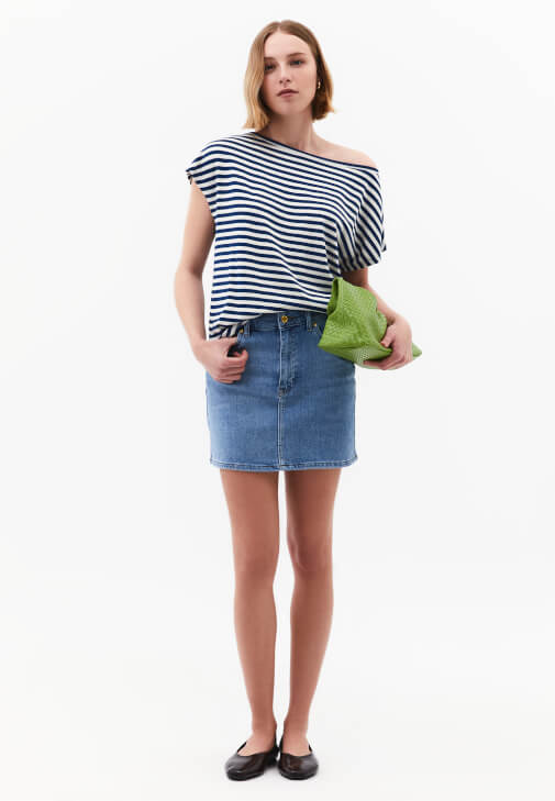 Mavi Yüksek Bel Mini Denim Etek