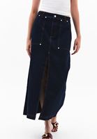 Bayan Mavi Yüksek Bel Yırtmaçlı Denim Etek