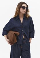 Bayan Lacivert Keten Karışımlı Oversize Gömlek