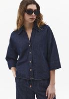 Bayan Lacivert Keten Karışımlı Oversize Gömlek