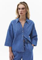 Bayan Mavi Keten Karışımlı Oversize Gömlek