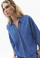 Bayan Mavi Keten Karışımlı Oversize Gömlek