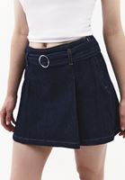 Bayan Lacivert Kemerli Denim Şort Etek