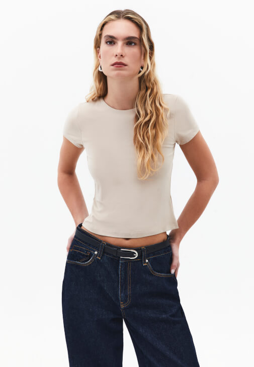 Bej Modal Sıfır Yaka Tişört