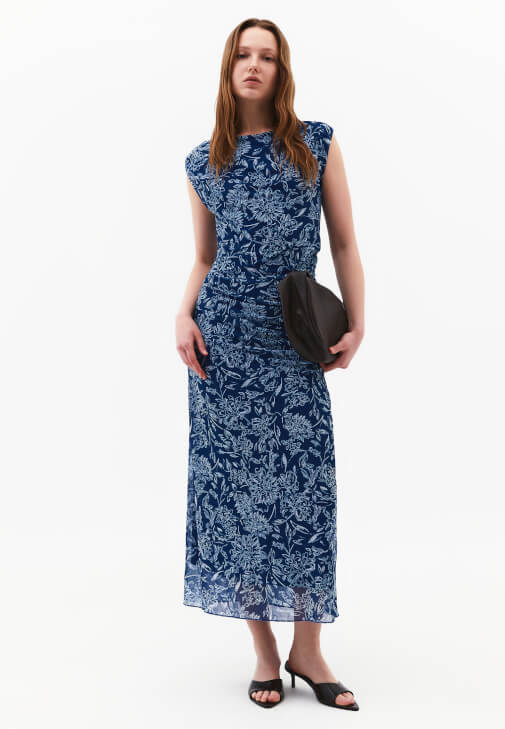 Çok Renkli Büzgü Detaylı Tül Elbise