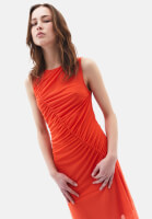 Bayan Turuncu Büzgü Detaylı Uzun Elbise