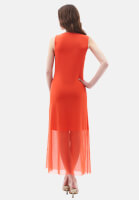Bayan Turuncu Büzgü Detaylı Uzun Elbise