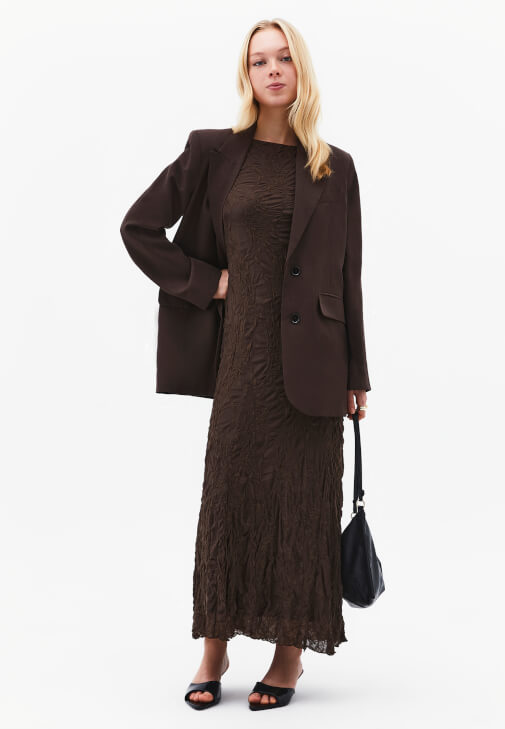 Kahverengi Dantelli Uzun Elbise