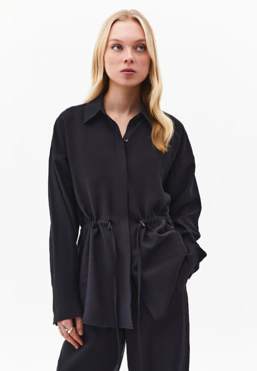 Siyah Modal Bağcıklı Oversize Gömlek