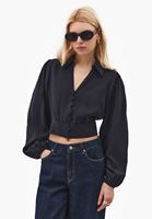 Bayan Siyah Modal Balon Kollu Crop Bluz