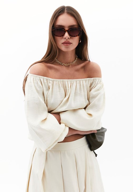 Krem Modal Balon Kollu Bluz