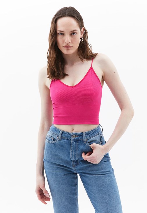 Pembe V Yaka Dikişsiz Crop Atlet