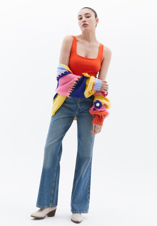 Pamuklu Kare Yaka Atlet ve Wide-Leg Pantolon Kombini