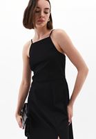 Bayan Siyah Halter Yaka Yırtmaçlı Elbise