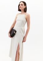 Bayan Krem Halter Yaka Yırtmaçlı Elbise