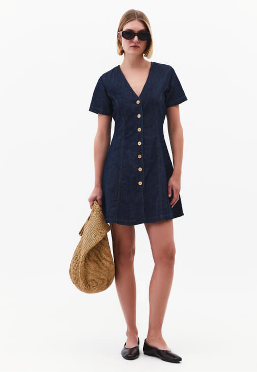 Mavi Keten Karışımlı Denim Elbise