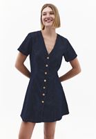 Bayan Mavi Keten Karışımlı Denim Elbise