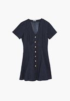 Bayan Mavi Keten Karışımlı Denim Elbise