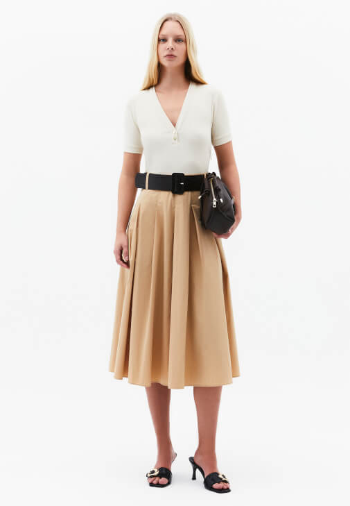 Bej Kemer Detaylı Midi Elbise