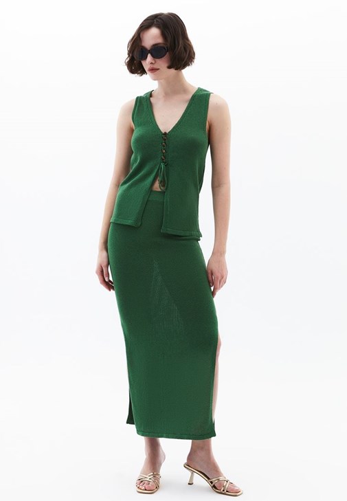 Yeşil Orta Bel Triko Etek