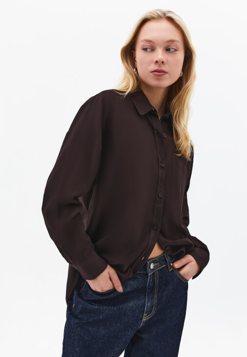 Kahverengi Cep Detaylı Oversize Gömlek