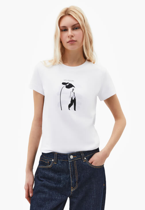 Beyaz Sıfır Yaka Baskılı Tişört