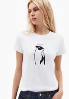 Bayan Beyaz Sıfır Yaka Baskılı Tişört