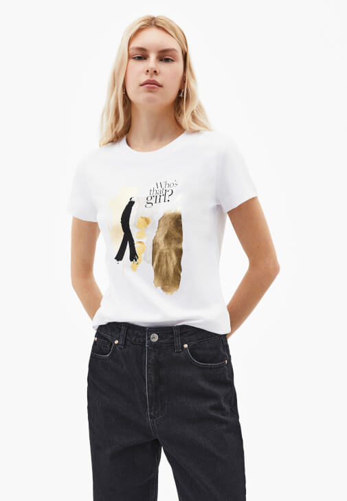 Beyaz Sıfır Yaka Baskılı Tişört