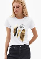 Bayan Beyaz Sıfır Yaka Baskılı Tişört