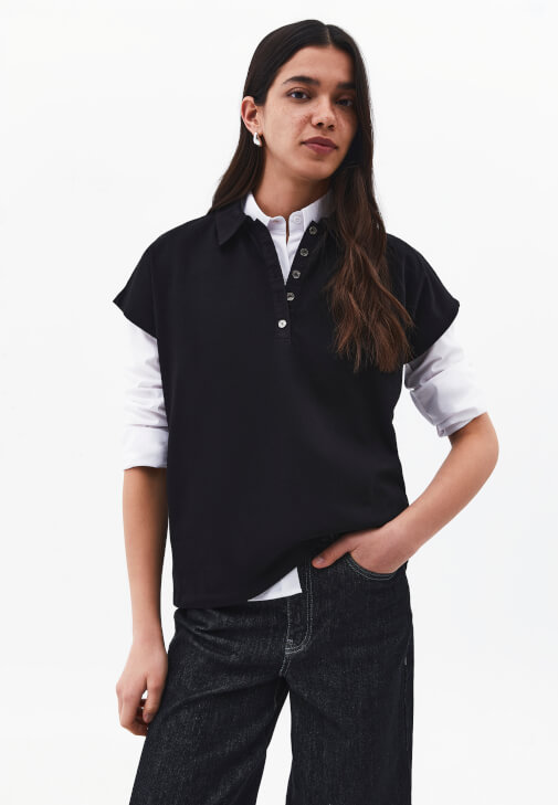 Siyah Polo Yaka Düğmeli Tişört