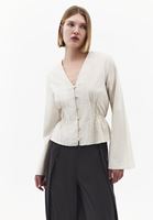 Bayan Krem V Yaka Düğmeli Bluz