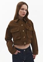 Bayan Kahverengi Cep Detaylı Crop Ceket