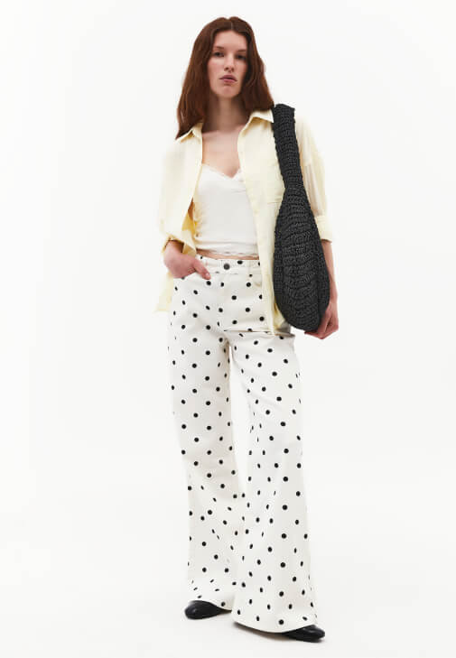 Çok Renkli Puantiye Desenli Wide-Leg Pantolon