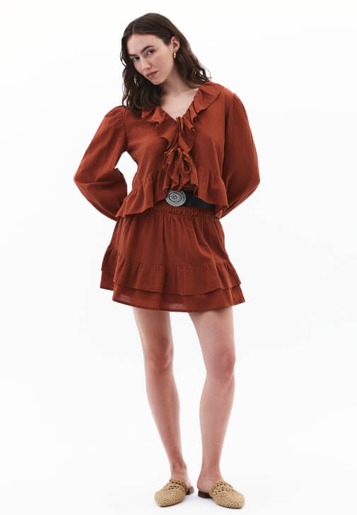 Kiremit Yüksek Bel Gipeli Mini Etek