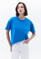 Bayan Mavi Sıfır Yaka Oversize Tişört