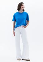 Bayan Mavi Sıfır Yaka Oversize Tişört