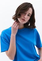 Bayan Mavi Sıfır Yaka Oversize Tişört