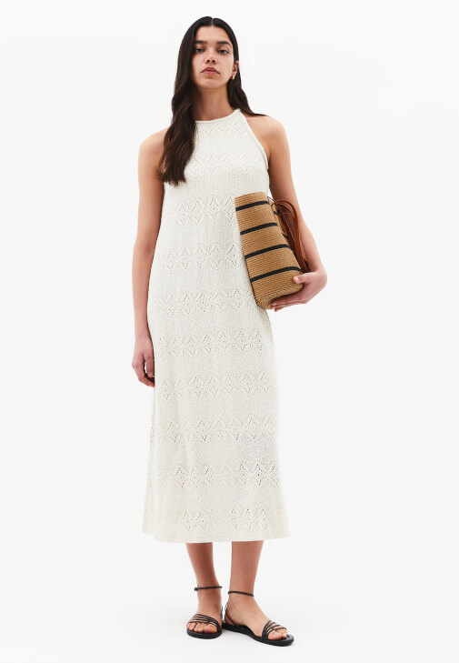 Krem Ajurlu Halter Yaka Elbise