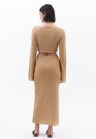 Bayan Bej Yüksek Bel Yırtmaçlı Etek